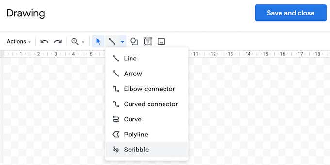 02_drawing_scribble - Online Tech Tips a drop down menu in the Drawing tool in Google docs showing where to find the various arrows - 02_drawing_scribble