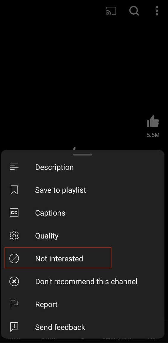 how-to-remove-shorts-from-youtube-ott-8-compressed - Online Tech Tips Screenshot of marking Shorts as Not Interested on mobile - how-to-remove-shorts-from-youtube-ott-8-compressed