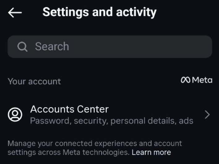 how-to-reset-your-instagram-explore-feed-11-compressed - Online Tech Tips Screenshot of Instagram settings accounts center section - how-to-reset-your-instagram-explore-feed-11-compressed