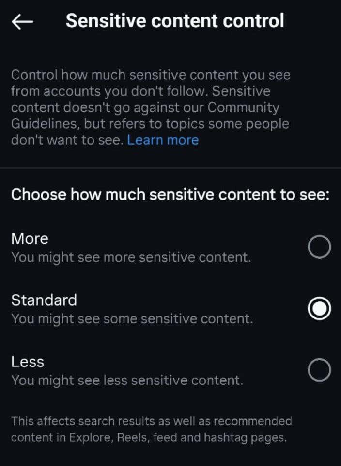 how-to-reset-your-instagram-explore-feed-18-compressed - Online Tech Tips Screenshot of the Instagram settings - Sensitive content control - how-to-reset-your-instagram-explore-feed-18-compressed