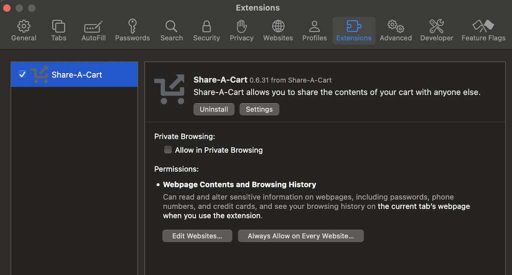 how-to-share-your-amazon-cart-10-compressed - Online Tech Tips Screenshot of Extensions page from Safari browser - how-to-share-your-amazon-cart-10-compressed