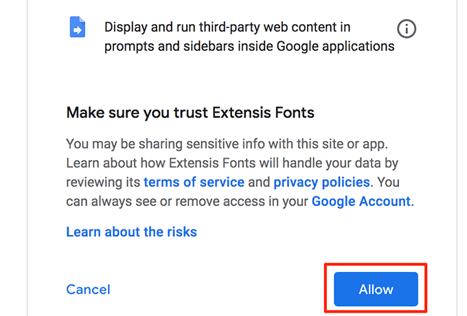 allow-extensis-add-on - Online Tech Tips Use An Add-On To Add Fonts To Google Docs image 6 - allow-extensis-add-on