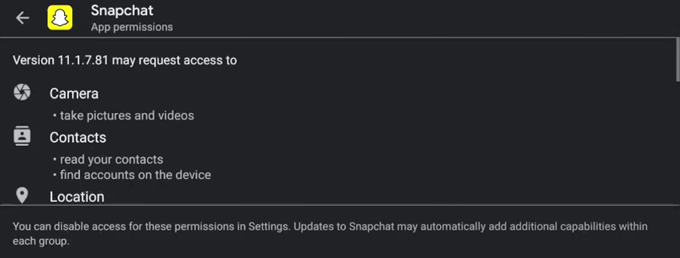 snapchat-permissions-play-store - Online Tech Tips Should I Avoid All Android Permissions? image - snapchat-permissions-play-store